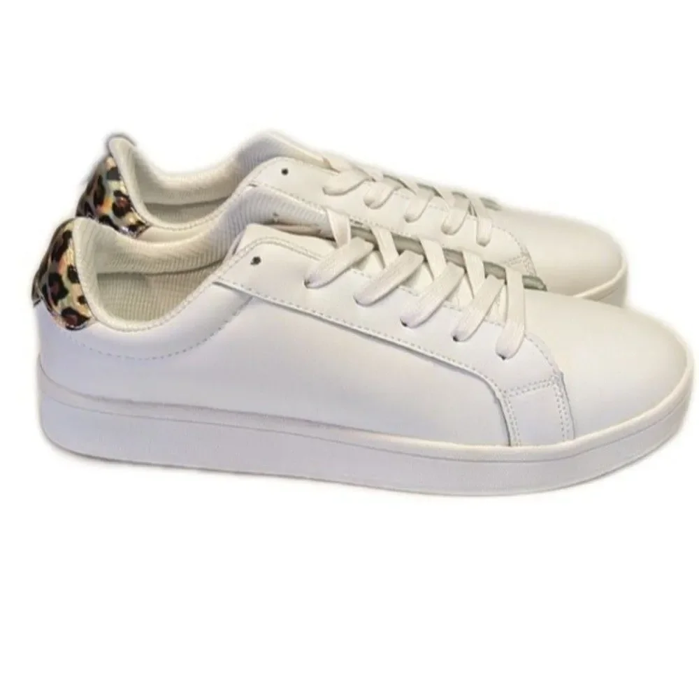 OK white faux leather sneakers, white laces, animal print heel yoke,   8.5
